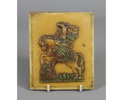 A coloured wax portrait miniature of a European nobleman on horseback.