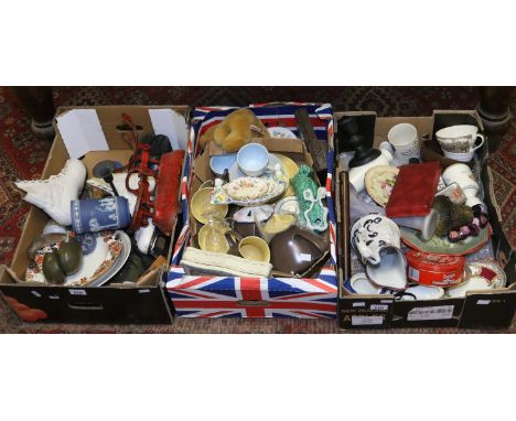 Three boxes of miscellaneous ceramics, Poole pottery, Sylvac, ladies ice skating boots. old cast iron weighting scales etc.