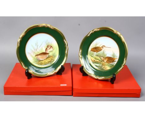 Two boxed Spode ornithological hand painted cabinet plates from the game birds series Snipe by E. Ellis and Quail by V. Burnd