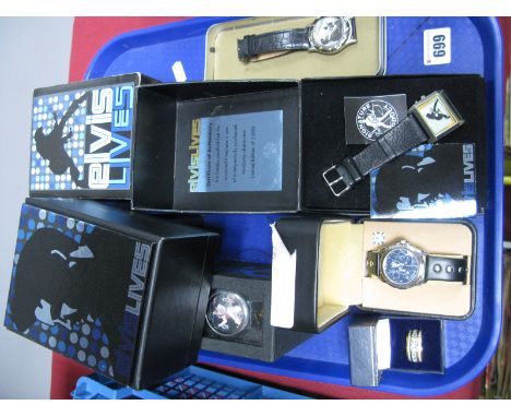 Elvis Memorabilia - Two Ltd Edition Fossil 'Elvis Lives' signature product wristwatches black leather straps (both boxed with