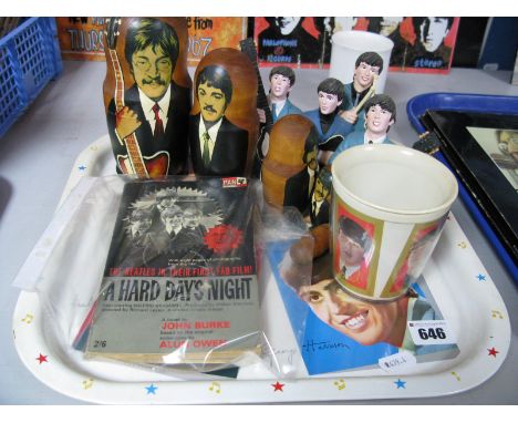 Beatles Memorabilia: A circa 1964 squared tin tray with Beatle portrait prints, a Beatles five piece Babushka, resin Beatles 