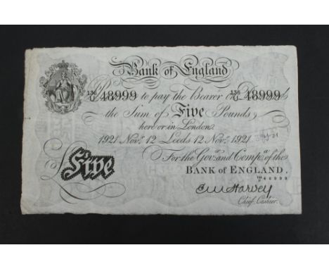 Banknote - Bank of England - Harvey, Leeds - white Five Pound Note.  Prefix 136 / U dated 12 Nov. 1921 (N.B.  slight edge dam