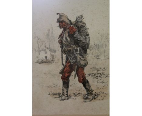 Snaffles (Charles Johnson Payne 1884 - 1967), hand-coloured print - 'Sans Panache' French Cavalry 1914, with Snaffle blind st