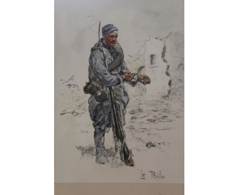 Snaffles (Charles Johnson Payne 1884 - 1967), hand-coloured print - Le Poilu, with Snaffle blind stamp, in glazed frame  COND