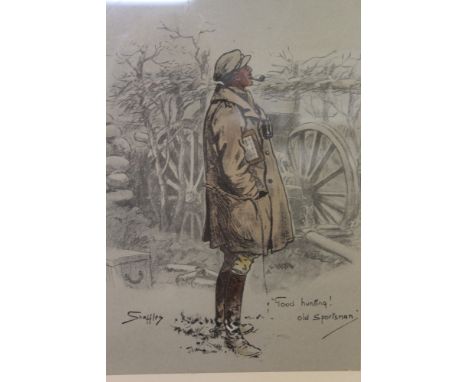 Snaffles (Charles Johnson Payne 1884 - 1967), hand-coloured print - 'Good Hunting!  Old Sportsman', The 'Gunner', with Snaffl