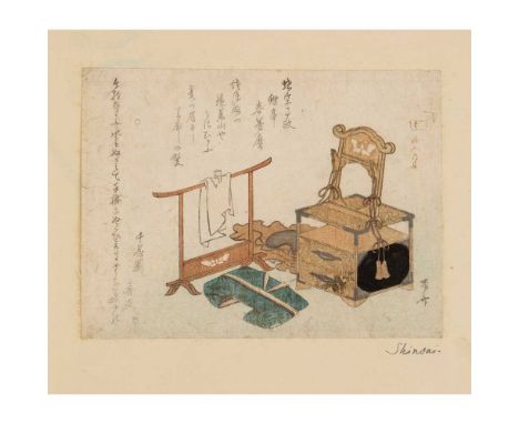 comprising four surimono; including one depicting Mirror Stand and Towel Rack, from the series New Year of the Rat: Bridal Fu