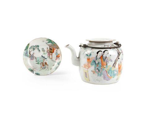 清 粉彩仕女教子圖茶壺 及 嘉慶款 粉彩仕女圖碟（兩件） a lidded teapot painted with ladies and boys in garden, reverse inscribed with poem, with two me