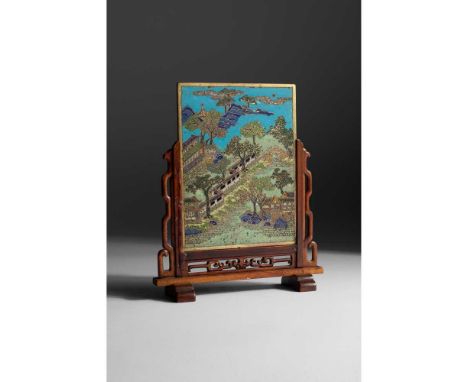 清 銅胎掐絲琺瑯山水庭院及花鳥紋插屏 one side enamelled with a pair of birds perching on flowering tree issuing from rockwork amongst other pla