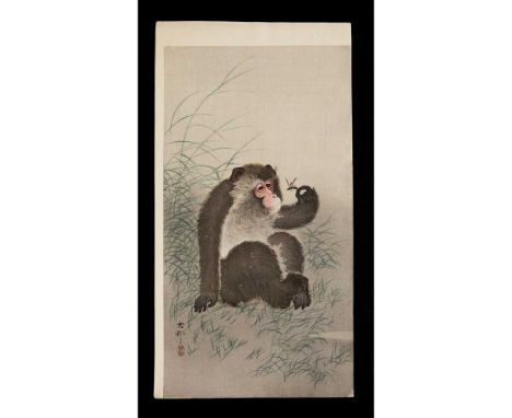 two otanzaku prints entitled Monkey Holding a Dragonfly and Monkey hanging from a thin bamboo twig observing a fly, published