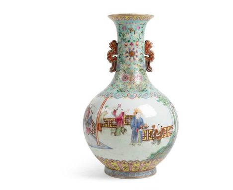 民國 嘉慶款 松石綠地粉彩嬰戲紋鳳鳥耳賞瓶 the globular body finely painted with boys at play in a continuous garden setting, the neck enamelled w