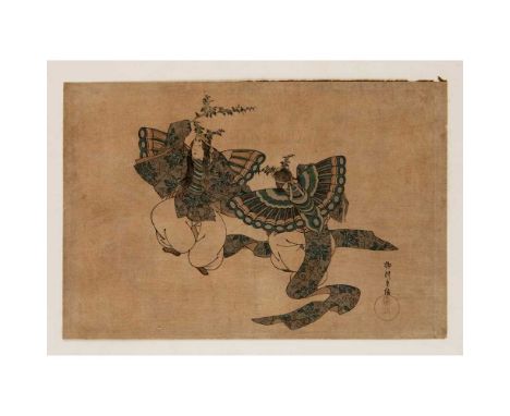 comprising one oban yoko-e print and three chuban tate-e prints; including one painted with Two Dancers in Butterfly Costumes