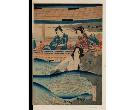a oban tate-e triptych print showing Prince Genji in a boat with attendant page and a lady watching female awabi (abalone) di