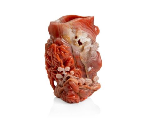 清 南紅瑪瑙花插 carved as a gnarled tree trunk with prunus flower, bamboo grove and lingzhi fungus in high relief10cm high