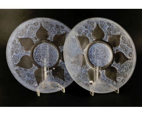 A pair of Lalique 'Vases' plates, reverse-moulded with blue-stained decoration, VDA and France moulded mark and stencilled ma