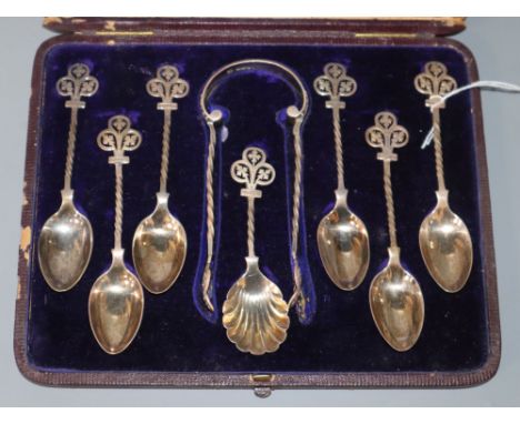 A Victorian cased set of six silver teaspoons, tongs and caddy spoon, by Jehoiada Alsop Rhodes, Sheffield 1878.