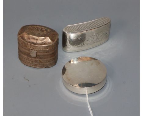 A George III silver snuff box, Cocks &amp; Bettridge, Birmingham, 1808 a Dutch snuff box and a silver pill box (3)