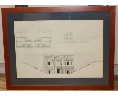 A set of fourteen architectural studies in ink, pencil and wash, probably early 20th century, in matching hardwood frames, 67