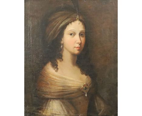 Circle of John Zoffany (1733-1810)oil on canvasPortrait of a lady wearing a bejewelled turban24 x 20in.