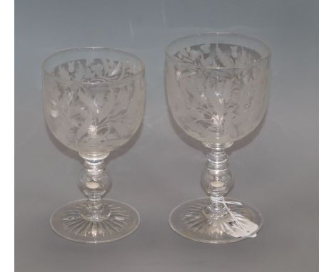 Two Victorian 'Union' wheel engraved glass 'coin' goblets tallest 20cm