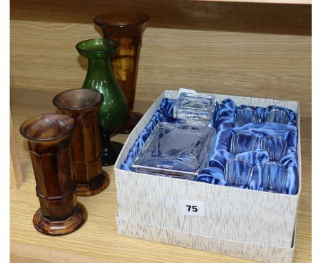 A Czech engraved glass decanter set and four glass vases decanter height 21cm