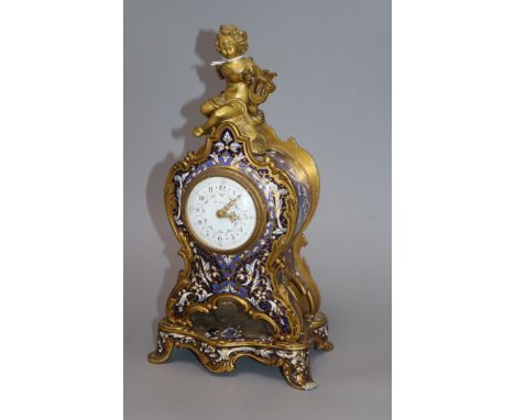 A Smith &amp; Sons champleve enamel and ormolu mantel timepiece H.30cm