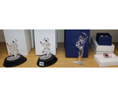 Three Swarovski glass figures: 'The Masquerade Harlequin' 2001 (2), 'Magic of Dance Antonio' 2003, together with stands, glas