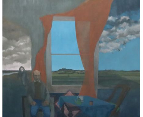 Gerald R. Jarman (British, 1930-2014)oil on canvasEast Anglia Series No.1 'Landscape with Seated Man (Max Jacob)'50 x 59.5in.