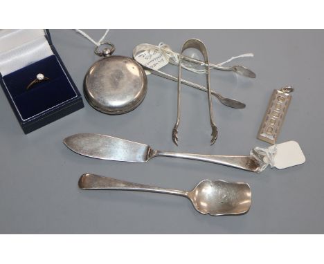 A group of small silver including a butter knife, ingot pendant, sugar tongs and a pocket watch and a 9ct gold ring.