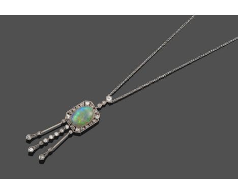 An Art Deco Opal and Diamond Pendant on Chain, three diamonds suspend a plaque with an oval cabochon opal centrally, and a pi