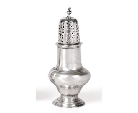 A George II Silver Caster, by Samuel Wood, London, 1756, baluster and on spreading foot, the detachable pierced cover with va