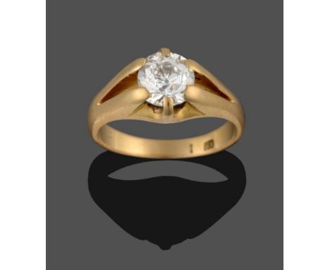 A Diamond Solitaire Ring, the old cut diamond in a yellow six claw setting on a split shouldered shank, estimated diamond wei