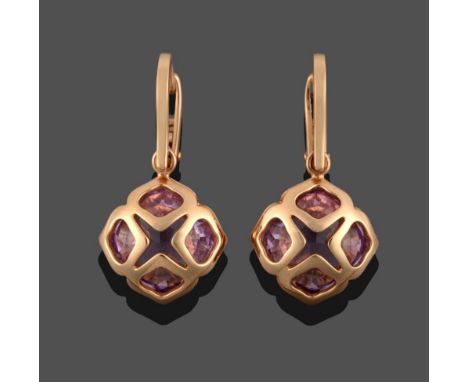 A Pair of 18 Carat Rose Gold Amethyst ''Imperiale'' Earrings, by Chopard, a cushion cut amethyst within a lattice mount, leng