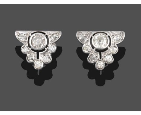 A Pair of Diamond Cluster Earrings, of triangular form with an old cut diamond in the centre, within a V-shaped border set wi
