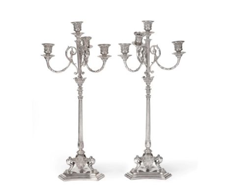 A Pair of Victorian Silver-Plated Four-Light Candelabra, by Elkington, Second Half 19th Century, each on triangular base with