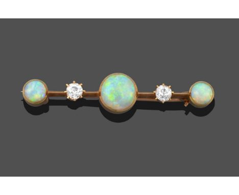 An Opal and Diamond Bar Brooch, three oval cabochon opals in yellow collet settings alternate with two round brilliant cut di