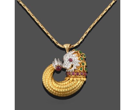 A Chimera Pendant on Chain, set with cabochon rubies and emeralds and pavé set round brilliant cut diamonds, total estimated 