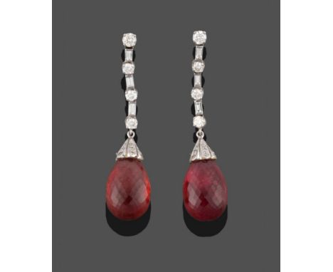 A Pair of 18 Carat White Gold Pink Tourmaline and Diamond Drop Earrings, a row of articulated round brilliant and baguette cu