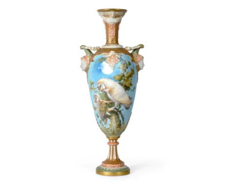 A Royal Worcester Porcelain Vase, by Charles Baldwyn, circa 1903, of urn shape with mask handles, painted with owls perched o