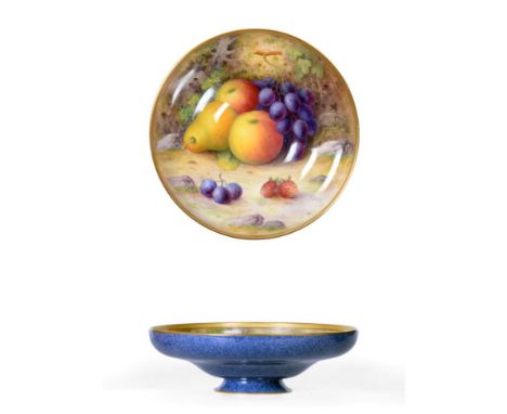A Royal Worcester Porcelain Bowl, by Albert Shuck, 1920, of ogee circular form, painted with a still life of fruit on a mossy