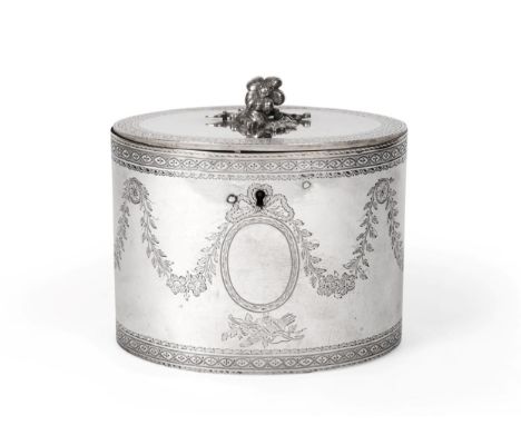 A George III Silver Tea-Caddy, Maker's Mark IP, Probably for Joseph Preedy, London, 1776, oval and engraved with foliage and 