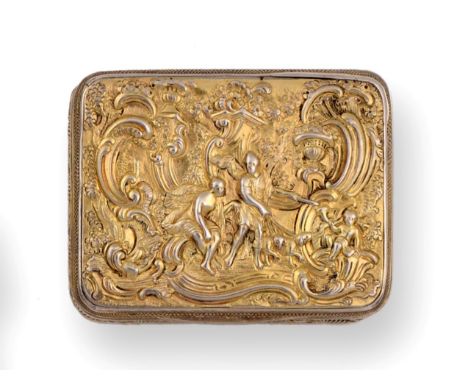 A George III Silver-Gilt Snuff-Box, by Joseph Ash, London, 1809, oblong, the hinged cover cast and chased with figures in a c