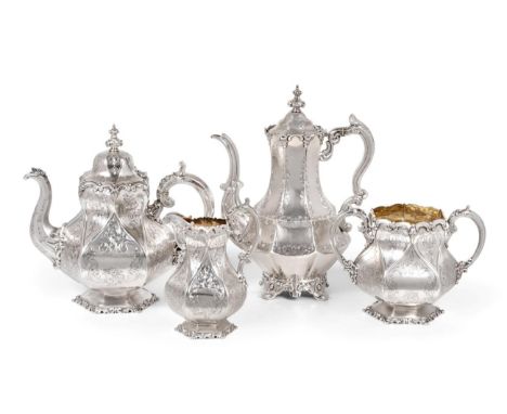 A Three-Piece Victorian Silver Tea-Service with an Associated Coffee-Pot, by John and George Angell, London, 1845, the tea-se