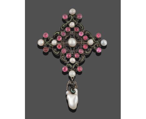 A Red Stone, Pearl and Enamelled Brooch, the cruciform shape inset with red stones, button pearls and green and black enamel 