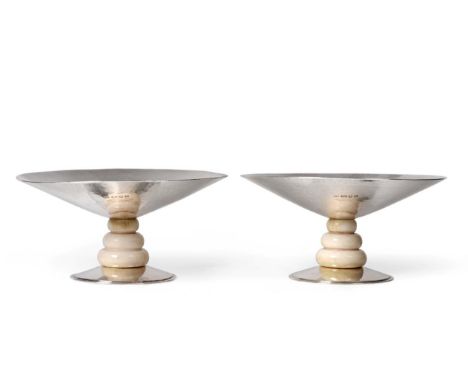 A Pair of Edward VIII Silver and Ivory Bowls, by Charles Boyton, London, 1936, in the Art Deco style, each with plain taperin