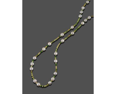 A Peridot, Chrome Diopside, Opal and Cultured Pearl Necklace, faceted peridot beads, faceted chrome diopside beads and smooth