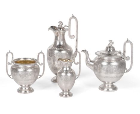 A Four-Piece Victorian Silver Tea-Service, by Samuel Roberts and Charles Belk, Sheffield, 1871, each piece decorated with a f