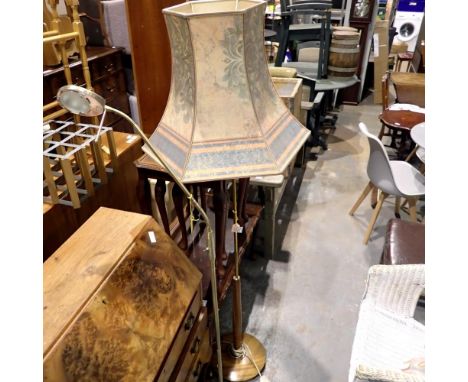 Turned wooden standard lamp and shade with an articulated brass reading light. Not available for in-house P&amp;P 