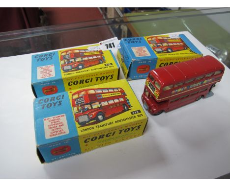 Three Boxed Corgi #468 Diecast Model London Transport Routemaster Buses, red liveries, Outspan (2),'Naturally Corgi Toys' (1)