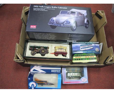 Five Boxed Diecast Vehicles, to include Sunstar 1953 Volkswagen Kafer Cabriolet, Corgi CC20503 Barrel S NHP Showsman's Locomo
