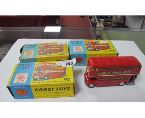 Three Boxed Corgi  #468 Diecast Model London Transport Routemaster Buses, red liveries all with 'Outspan' branding, chipping 